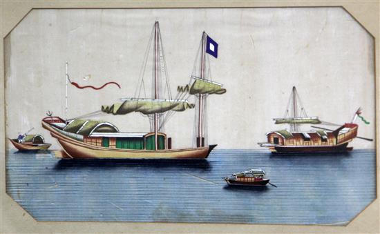 Three Chinese pith paintings of boats, 19th century, images 18.5 x 31cm, tears